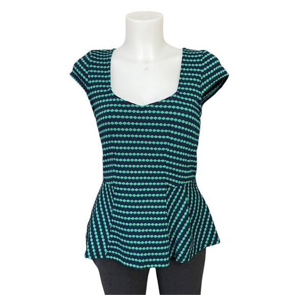 ANTHROPOLOGIE | POSTMARK CAP SLEEVE PEPLUM TOP IN NAVY‎ BLUE/Green small - Picture 1 of 8